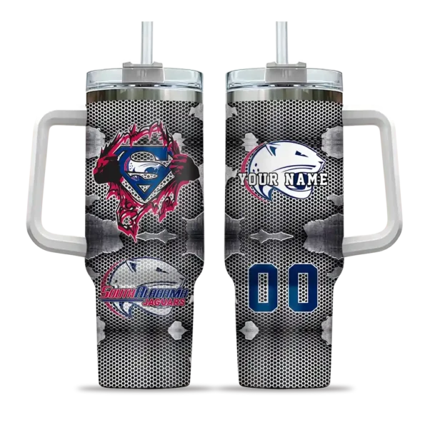 custom south alabama jaguars superman shield blue gray curved tumbler best selling.webp
