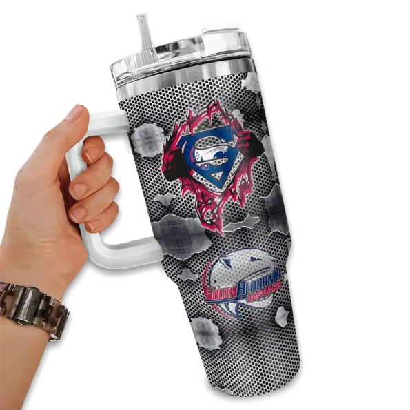 custom south alabama jaguars superman shield blue gray curved tumbler fashion forward.webp