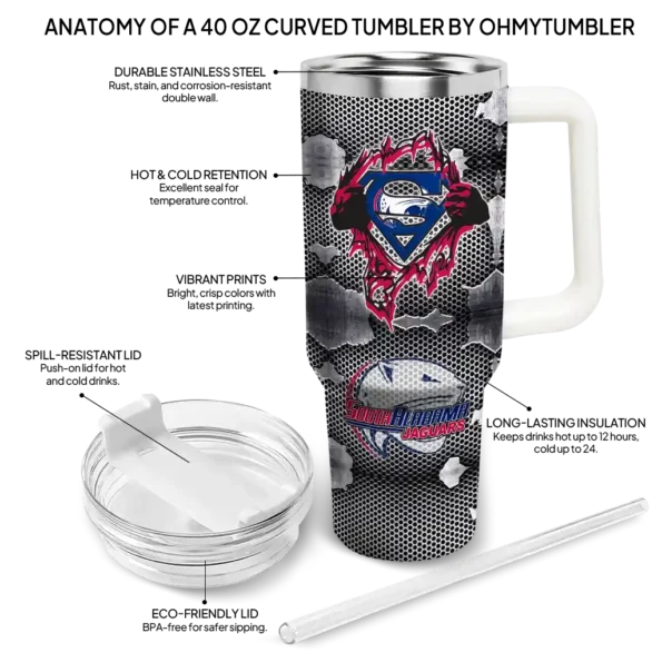 custom south alabama jaguars superman shield blue gray curved tumbler new arrival.webp