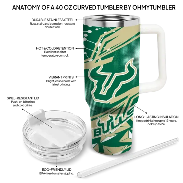 custom south florida bulls abstract paths green curved tumbler new arrival.webp