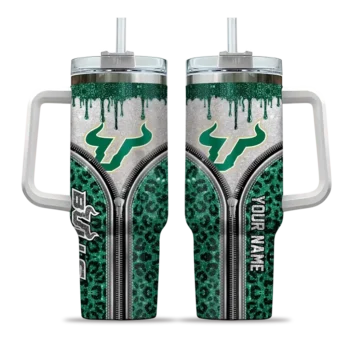 custom south florida bulls leopard zipper green curved tumbler best selling.webp