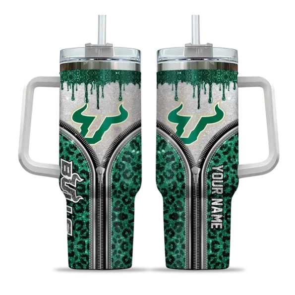 custom south florida bulls leopard zipper green curved tumbler best selling.webp