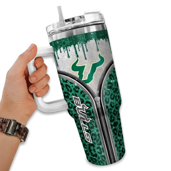 custom south florida bulls leopard zipper green curved tumbler fashion forward.webp