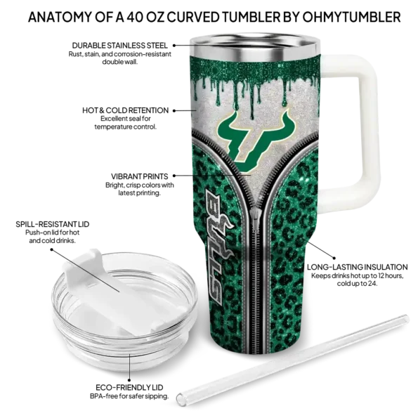 custom south florida bulls leopard zipper green curved tumbler new arrival.webp
