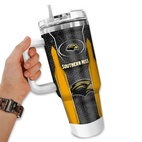 custom southern miss golden eagles hexagon armor black curved tumbler fashion forward.webp