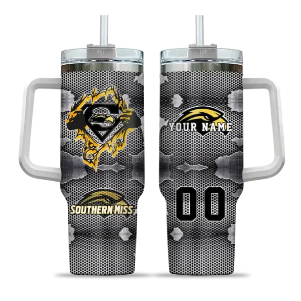 custom southern miss golden eagles superman shield black gray curved tumbler best selling.webp