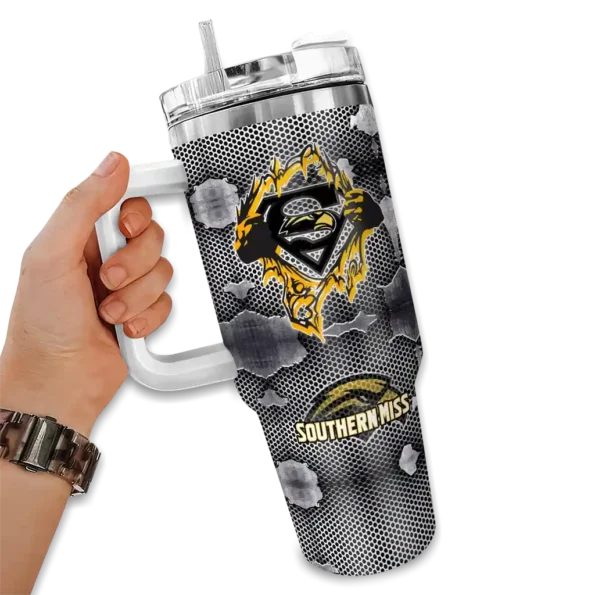 custom southern miss golden eagles superman shield black gray curved tumbler fashion forward.webp