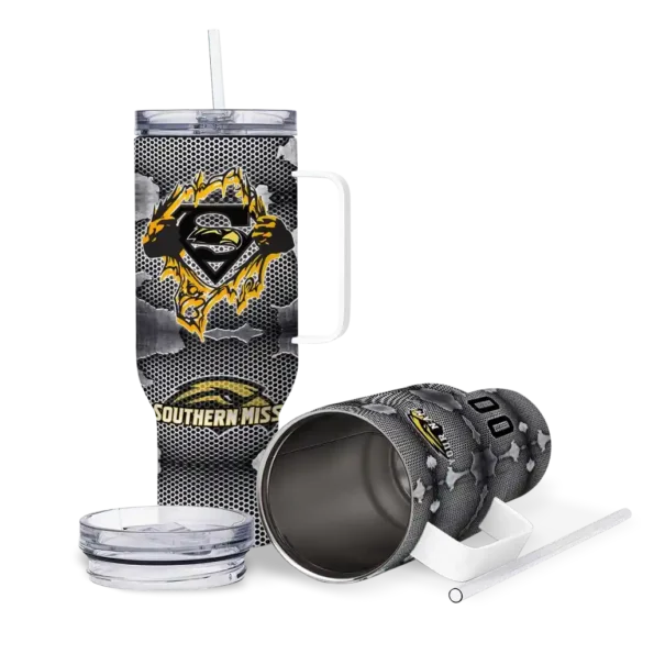 custom southern miss golden eagles superman shield black gray curved tumbler high quality.webp
