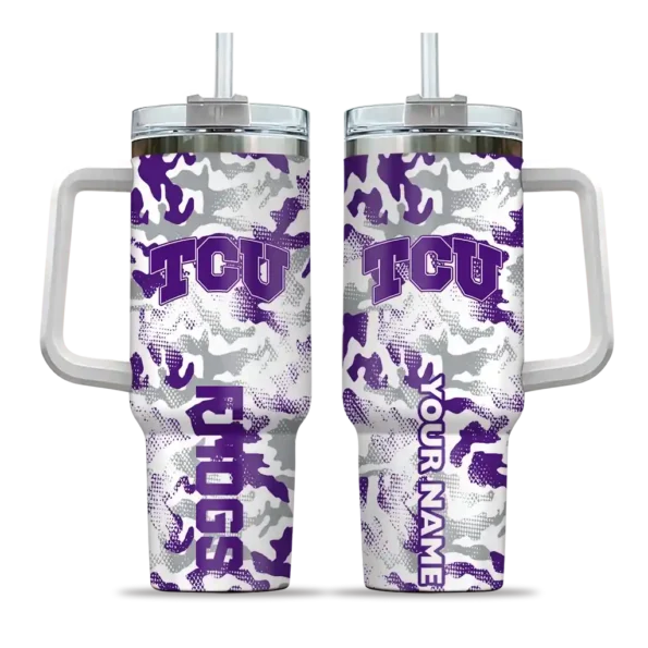 custom tcu horned frogs camo mashup purple white curved tumbler best selling.webp
