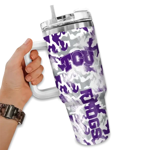 custom tcu horned frogs camo mashup purple white curved tumbler fashion forward.webp