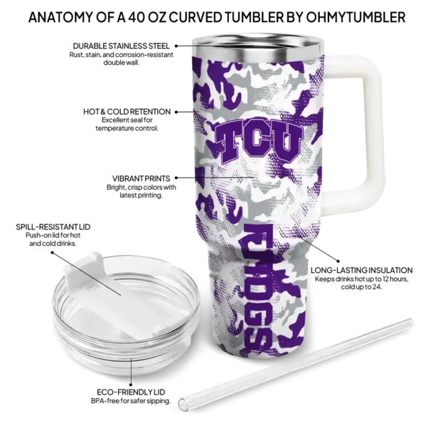 custom tcu horned frogs camo mashup purple white curved tumbler new arrival.webp