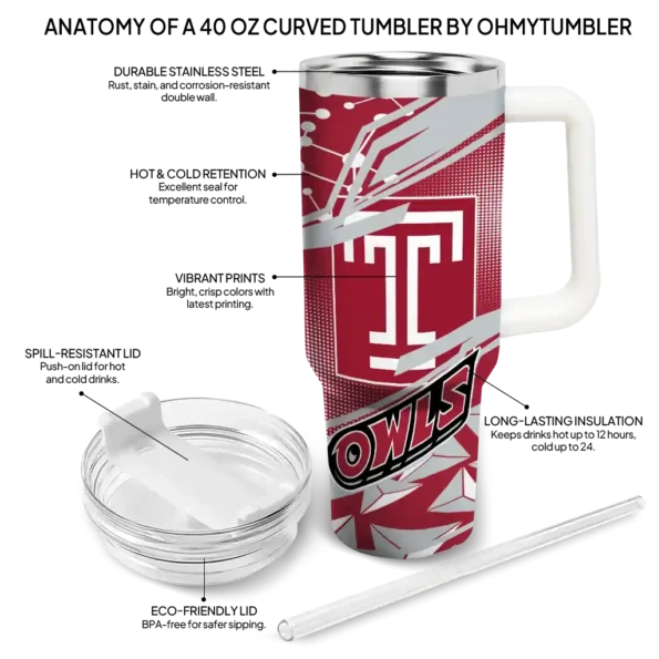 custom temple owls abstract paths red curved tumbler new arrival.webp