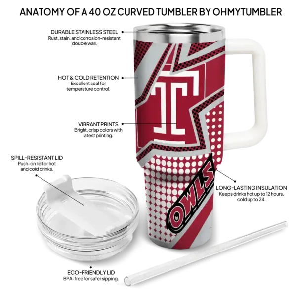 custom temple owls arrow burst red curved tumbler new arrival.webp