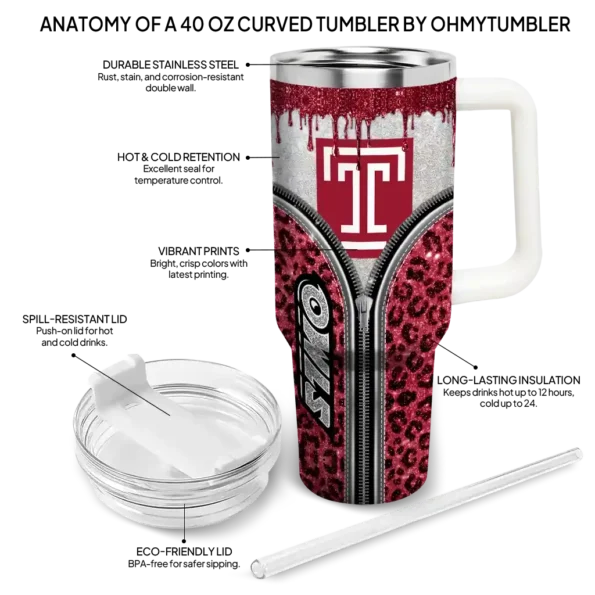 custom temple owls leopard zipper red curved tumbler new arrival.webp