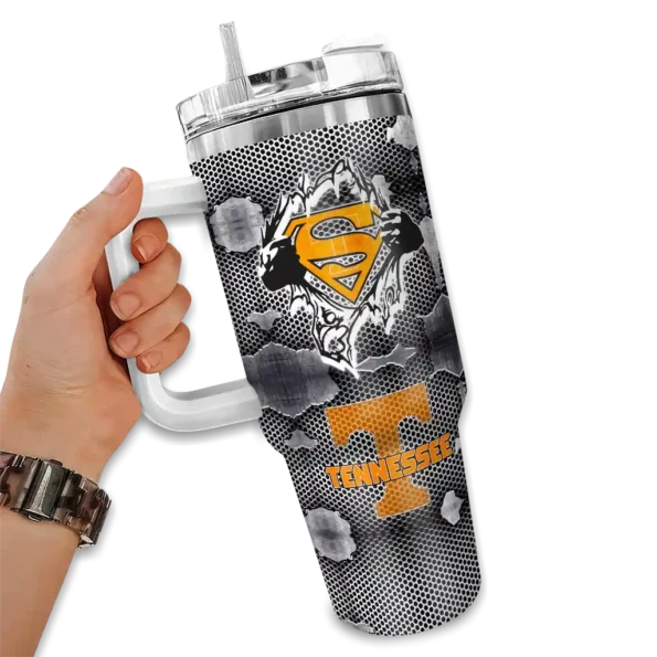 custom tennessee volunteers superman shield orange gray curved tumbler fashion forward.webp