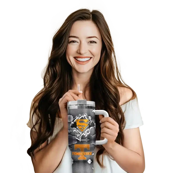 custom tennessee volunteers superman shield orange gray curved tumbler premium grade.webp