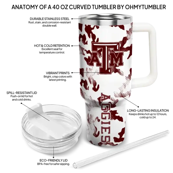 custom texas am aggies camo mashup maroon white curved tumbler new arrival.webp