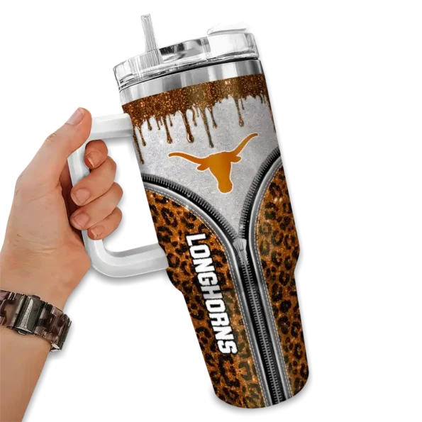 custom texas longhorns leopard zipper orange curved tumbler fashion forward.webp