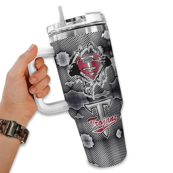 custom troy trojans superman shield red gray curved tumbler fashion forward.webp