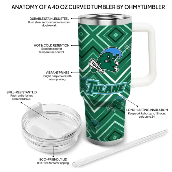 custom tulane green wave bold diamonds green curved tumbler new arrival.webp