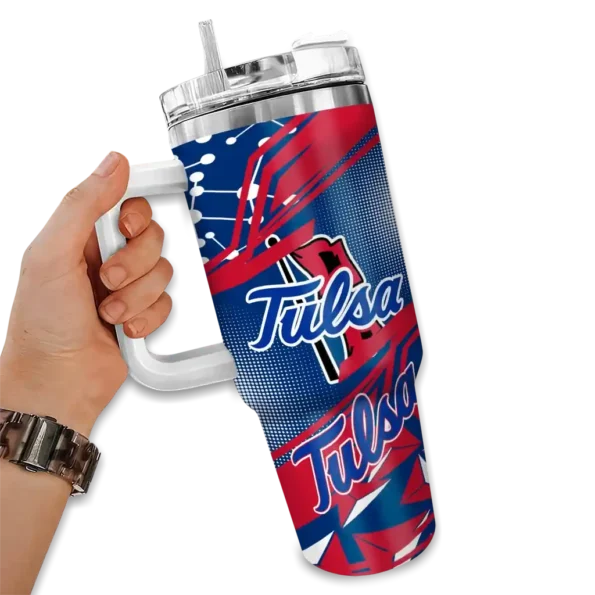 custom tulsa golden hurricane abstract paths blue curved tumbler fashion forward.webp