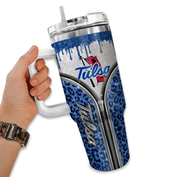 custom tulsa golden hurricane leopard zipper blue curved tumbler fashion forward.webp