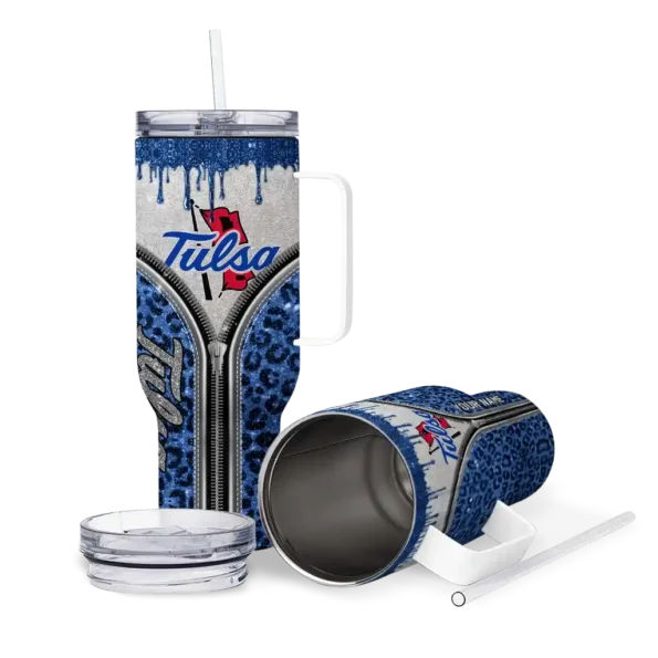 custom tulsa golden hurricane leopard zipper blue curved tumbler high quality.webp