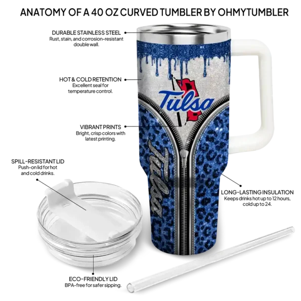 custom tulsa golden hurricane leopard zipper blue curved tumbler new arrival.webp