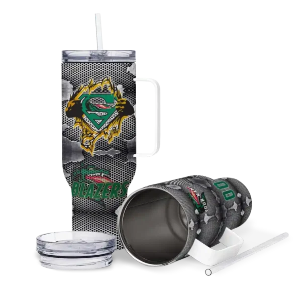 custom uab blazers superman shield green gray curved tumbler high quality.webp