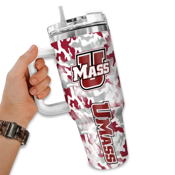 custom umass minutemen camo mashup red white curved tumbler fashion forward.webp