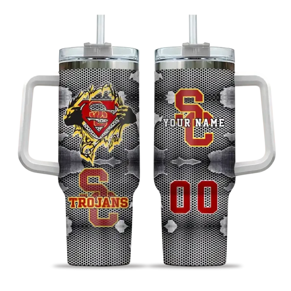 custom usc trojans superman shield red gray curved tumbler best selling.webp