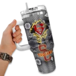 custom usc trojans superman shield red gray curved tumbler best selling.webp