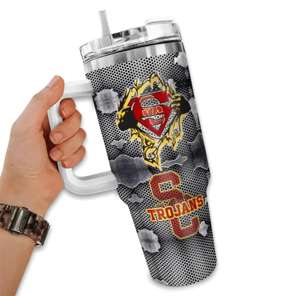 custom usc trojans superman shield red gray curved tumbler fashion forward.webp