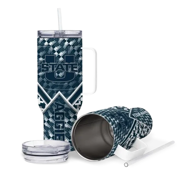 custom utah state aggies chevron angle navy curved tumbler high quality.webp
