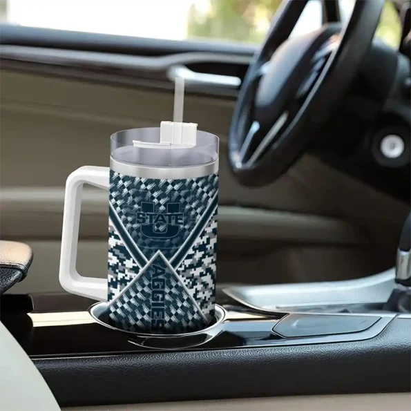 custom utah state aggies chevron angle navy curved tumbler trendy.webp