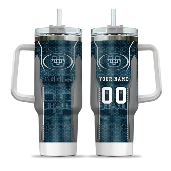 custom utah state aggies hexagon armor navy curved tumbler best selling.webp