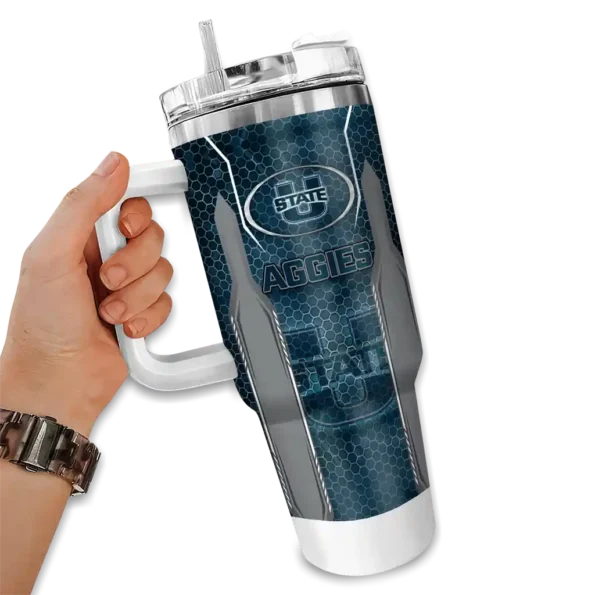 custom utah state aggies hexagon armor navy curved tumbler fashion forward.webp