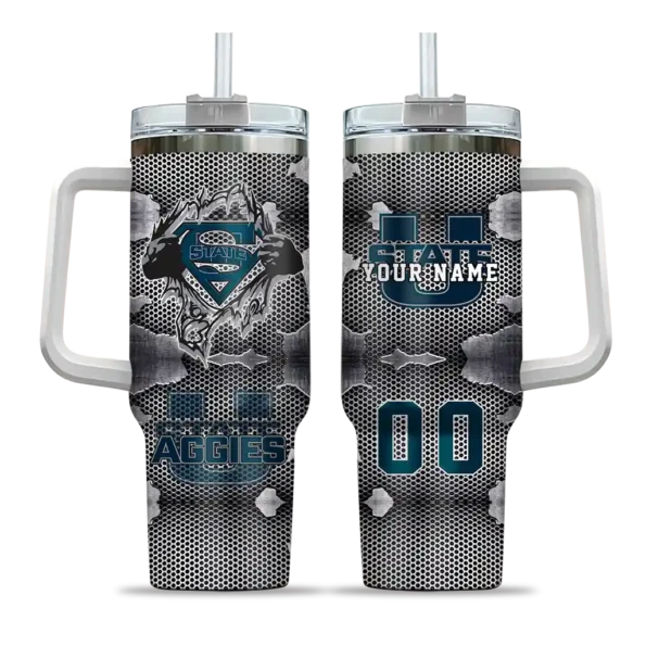 custom utah state aggies superman shield navy gray curved tumbler best selling.webp