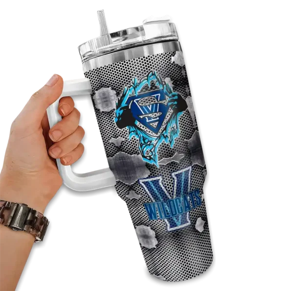 custom villanova wildcats superman shield navy gray curved tumbler fashion forward.webp