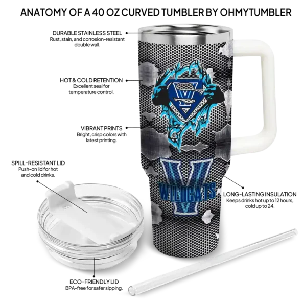 custom villanova wildcats superman shield navy gray curved tumbler new arrival.webp