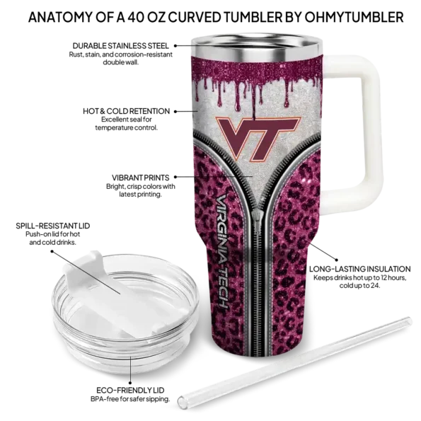 custom virginia tech hokies leopard zipper maroon curved tumbler new arrival.webp