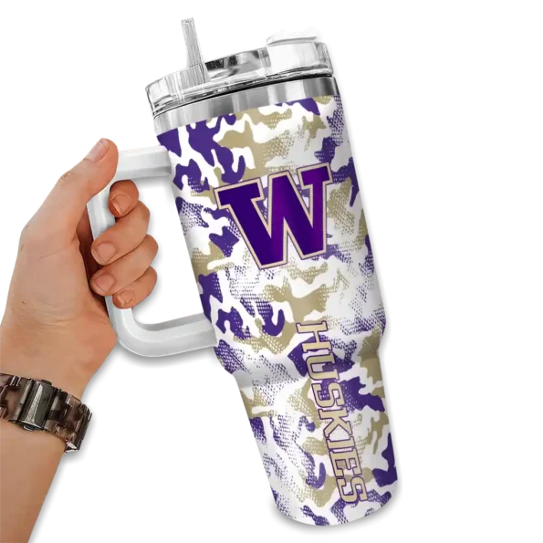 custom washington huskies camo mashup purple white curved tumbler fashion forward.webp
