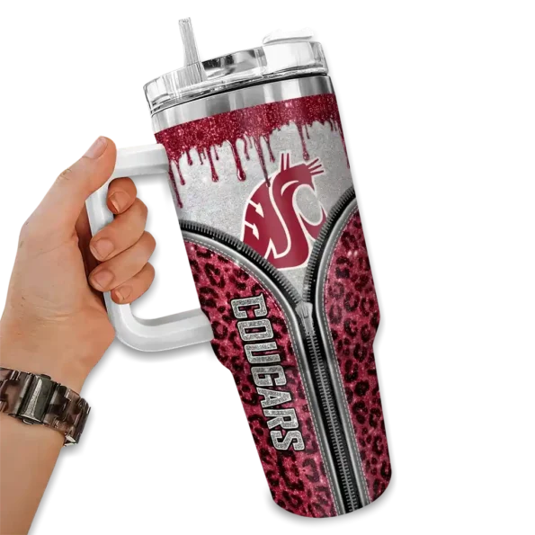 custom washington state cougars leopard zipper crimson curved tumbler fashion forward.webp