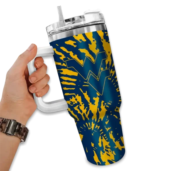 custom west virginia mountaineers burst swirl blue curved tumbler fashion forward.webp