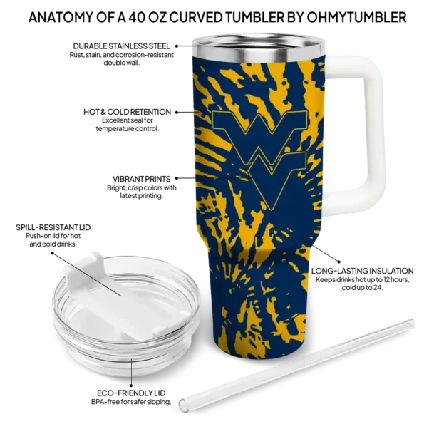 custom west virginia mountaineers burst swirl blue curved tumbler new arrival.webp