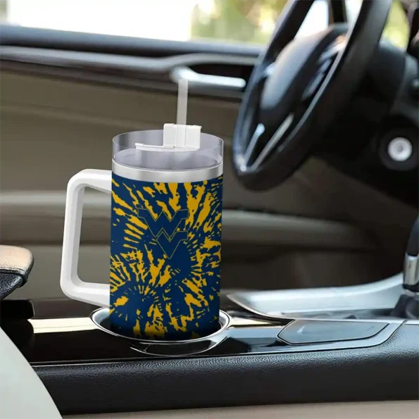 custom west virginia mountaineers burst swirl blue curved tumbler trendy.webp