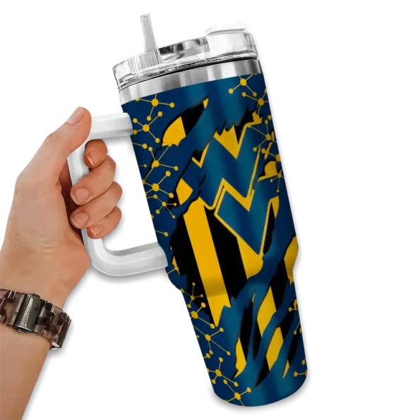 custom west virginia mountaineers claw cut blue black curved tumbler fashion forward.webp