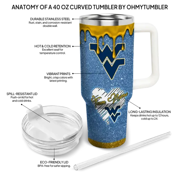 custom west virginia mountaineers heart helmet motif blue curved tumbler new arrival.webp