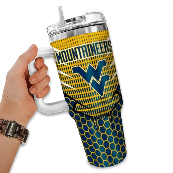 custom west virginia mountaineers hex texture blue curved tumbler fashion forward.webp