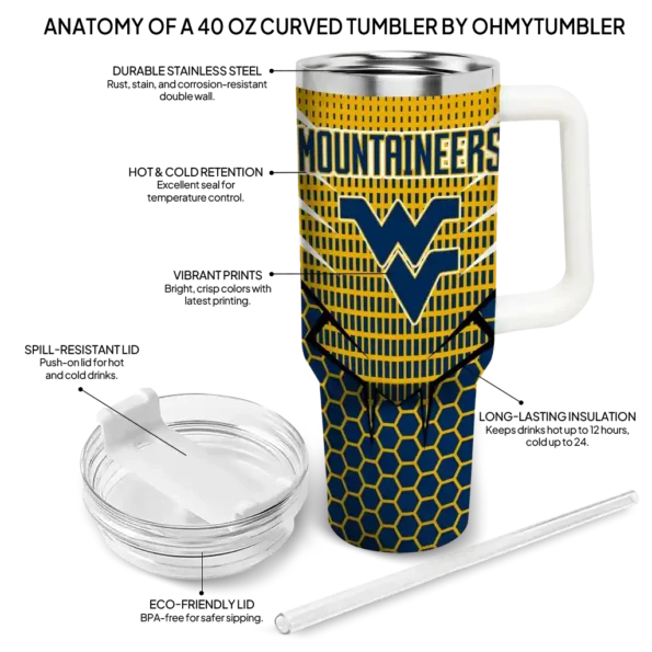 custom west virginia mountaineers hex texture blue curved tumbler new arrival.webp